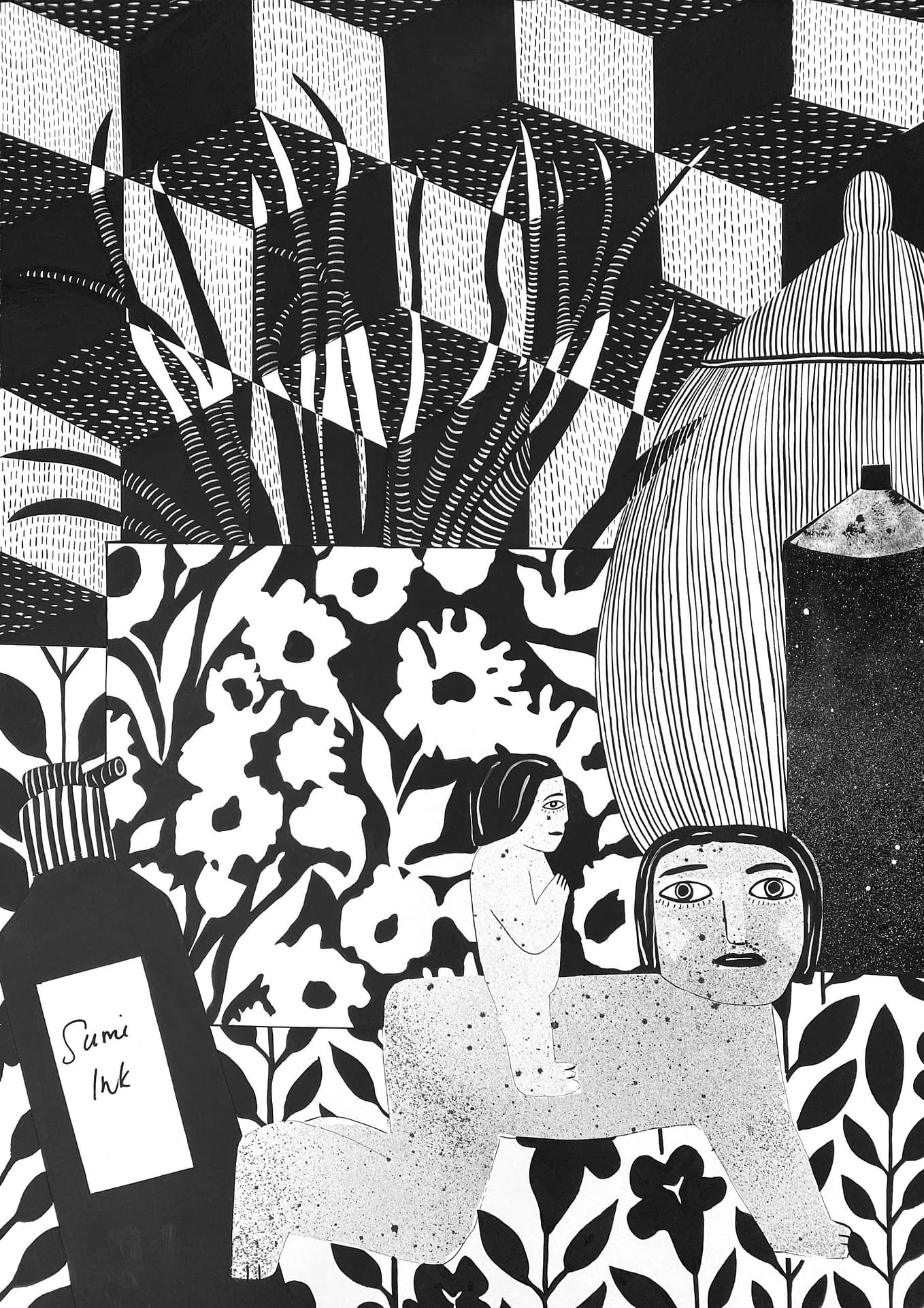 mary finlayson, joanne artman gallery, spider plant with mother and child figure, ink on arches, still life, interiors