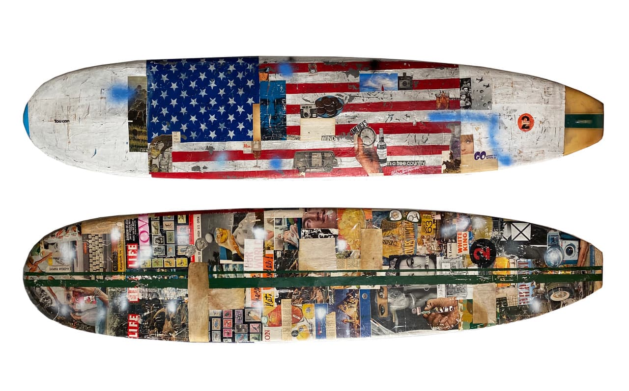 freedom, greg miller, reclaimed surfboard, american flag, mixed media