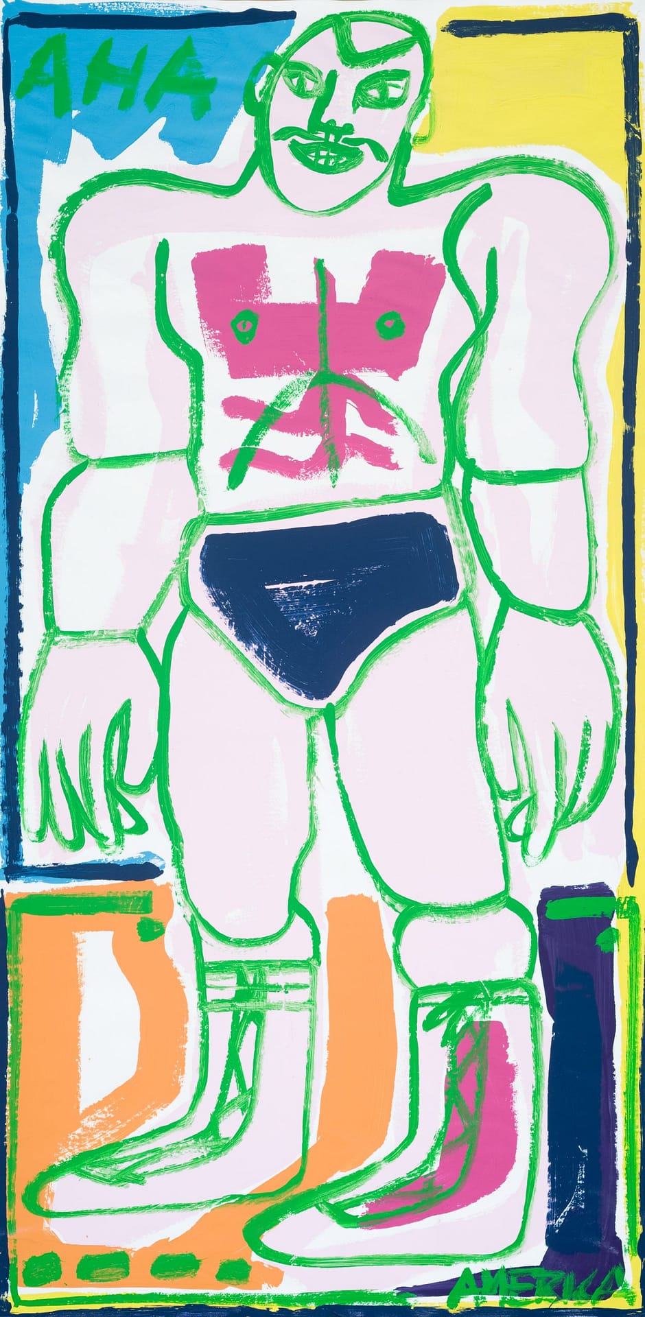 america martin, figurative, sports, wrestler, acrylic on paper