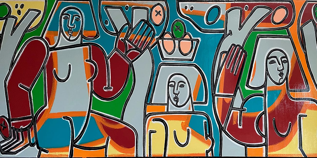 Three Women and Fruit Trees_America Martin_Oil and Acrylic on Canvas_40 x 96