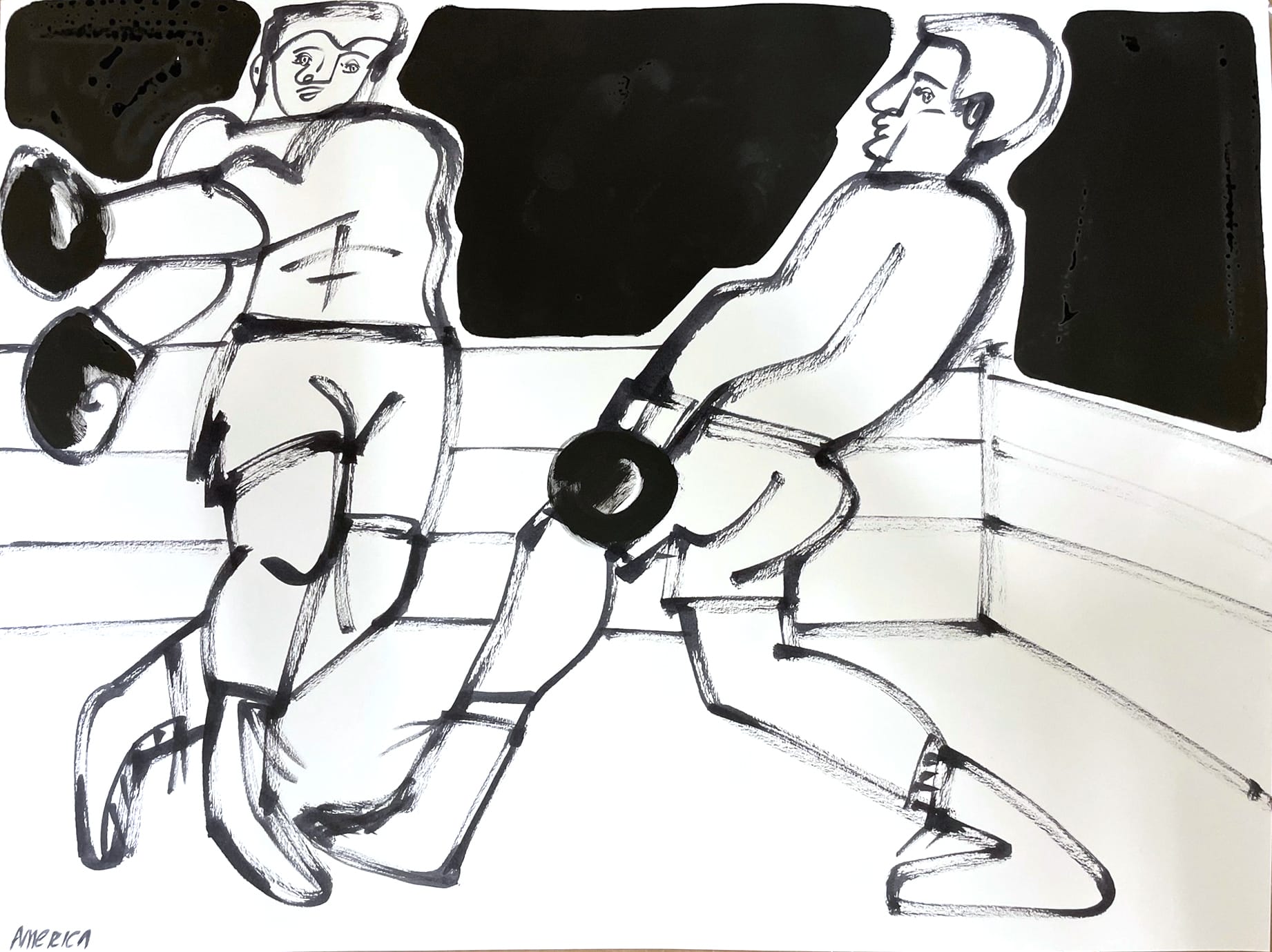 boxer ii, america martin, ink on paper, black and white figurative