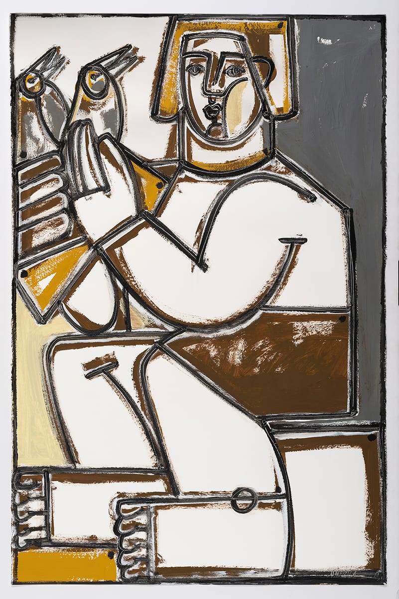 Boy with Doves in Brown and Gray_America Martin_Acrylic on Cotton Paper_40 x 22.5