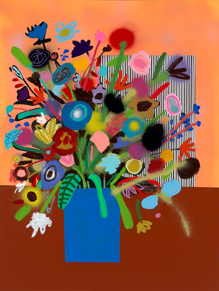 Flowers with Blue Vase_Mary Finlayson_Flashe, Gouache, Spray Paint and Oil Stick on Canvas_36 x 27