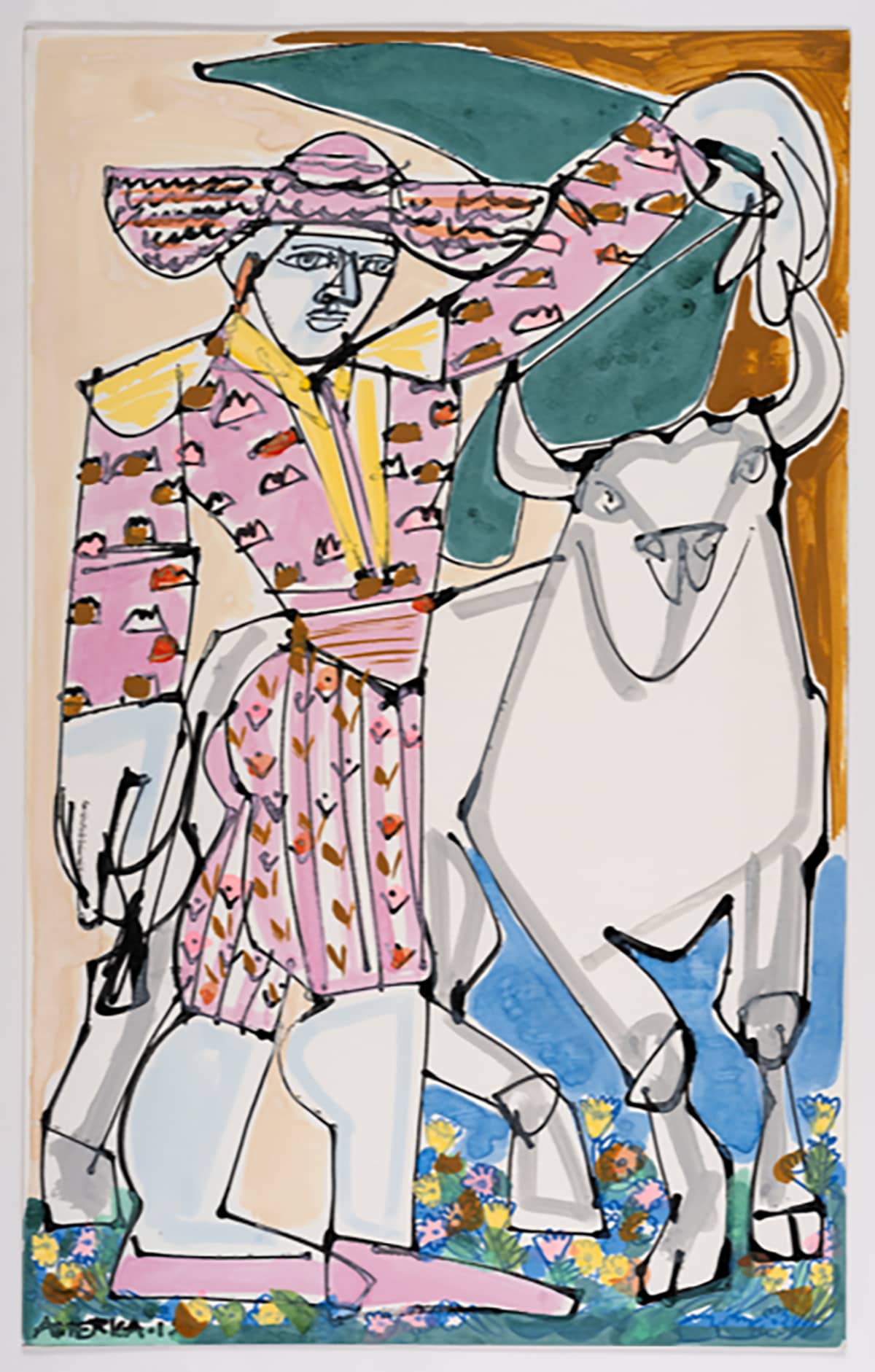 The Bull Fighter_America Martin_Ink and Acrylic on Cotton Paper_40.25 x 26.5