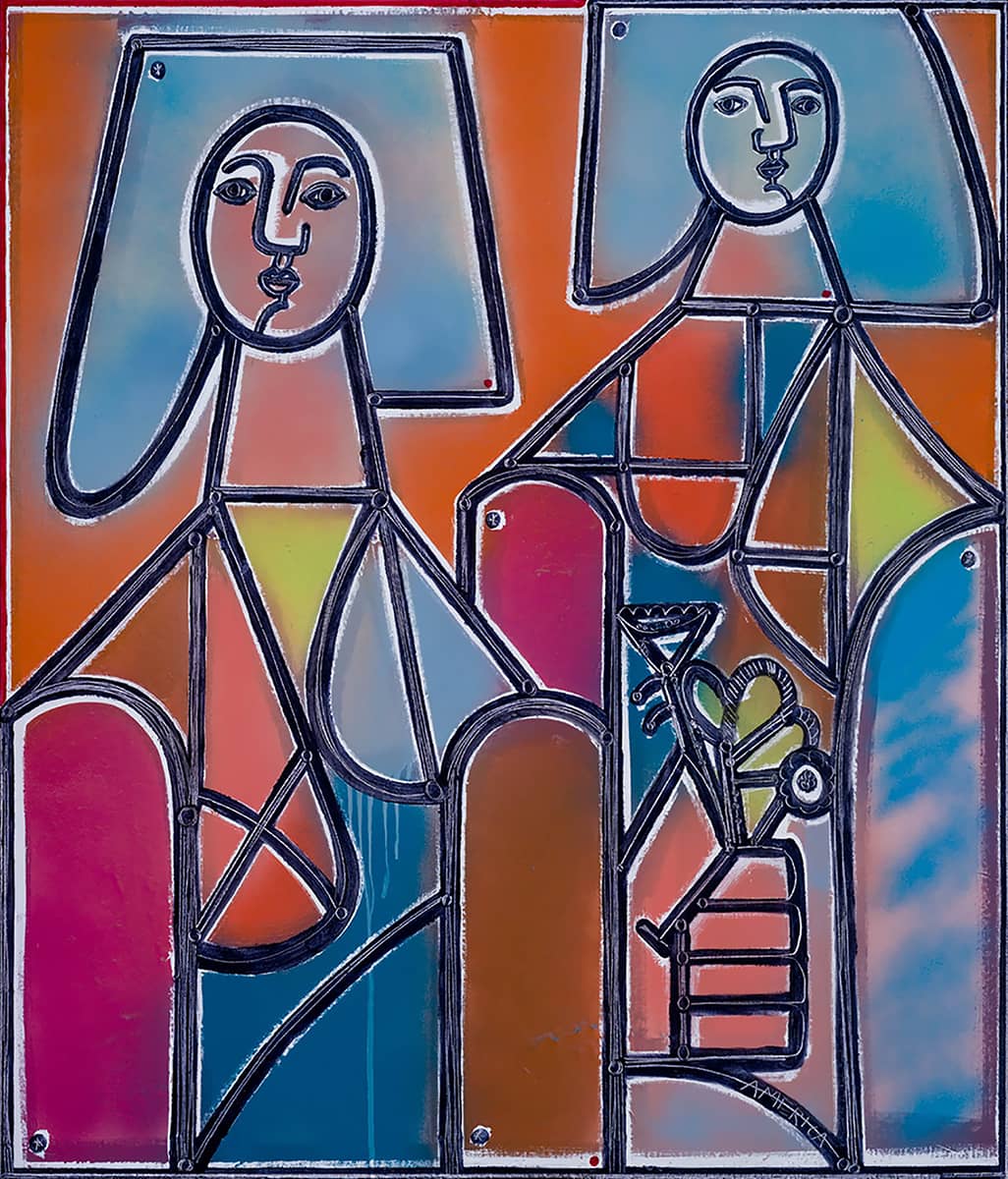 Two_Women_Walk_and_One_Gathers_Flowers_America_Martin_Oil_and_Acrylic_on_Canvas_42x36