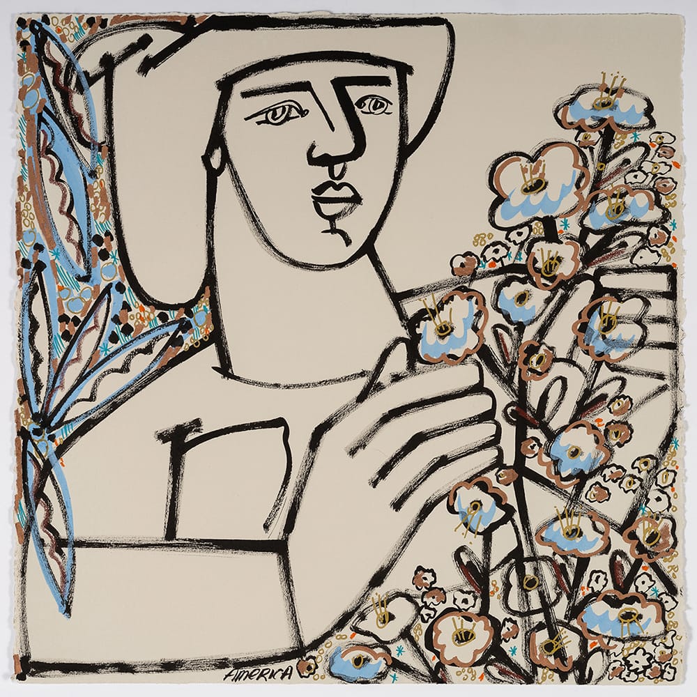 Untitled (Woman with Flowers)_America Martin_Ink and Gold on Paper_22.5 x 22.5