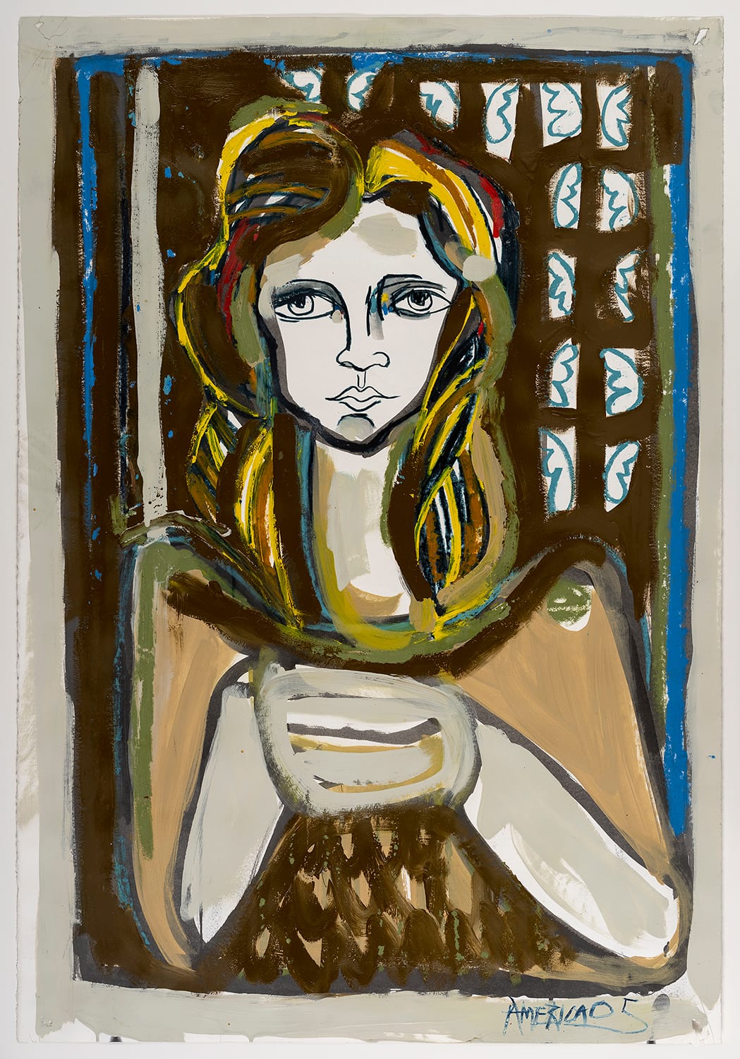 Woman in Brown and Cream_America Martin_Oil Pastel, Ink and Acrylic on Cotton Paper_44 x 30.25