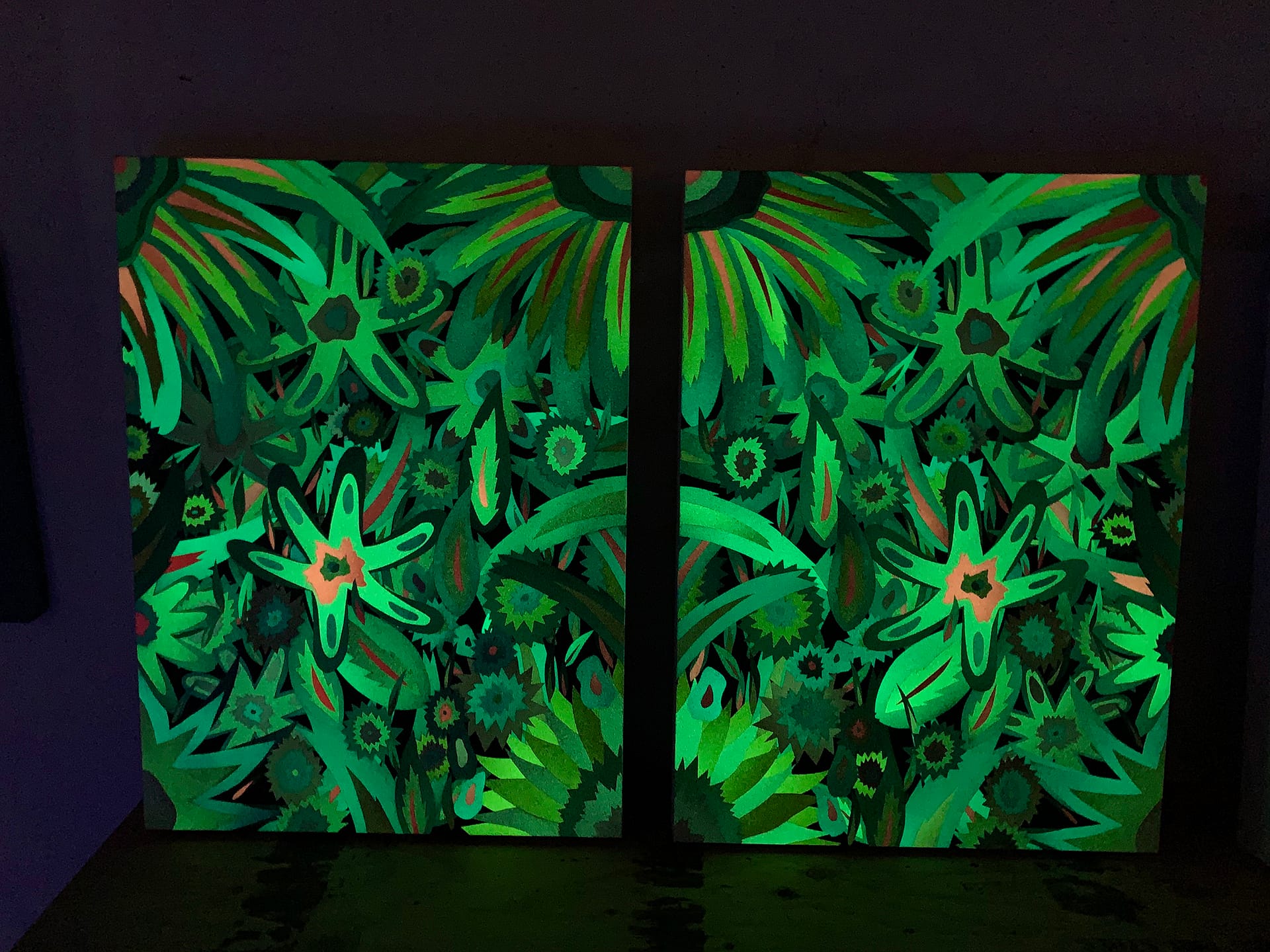 Neon_Flowers_Glow_in_the_Dark_Diptych_Michael_Callas_spray_paint_and_stencil_on_canvas_44_x_30_ii