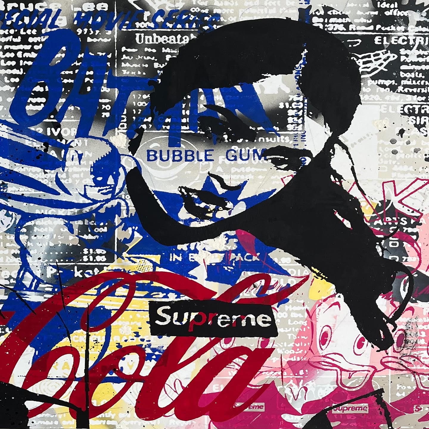 marly mcfly, bubble gum, silk screen, pop art, street art, text, cola, batman