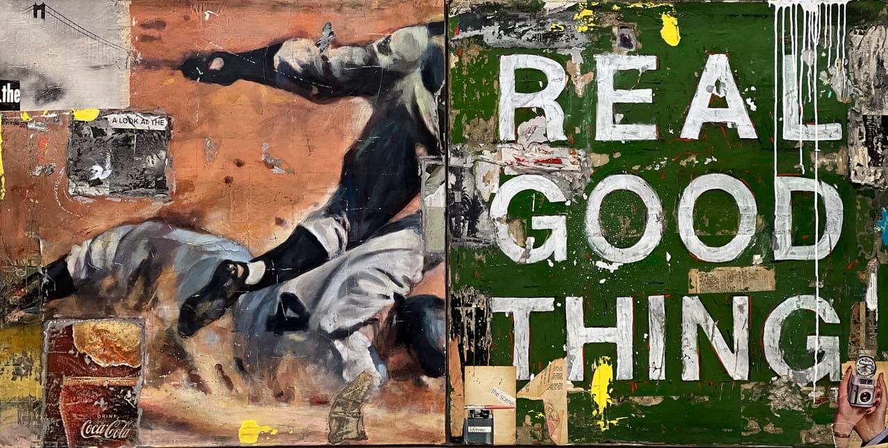 Real Good Thing (Diptych)_Greg Miller_Acrylic, Collage on Panel_36 x 72