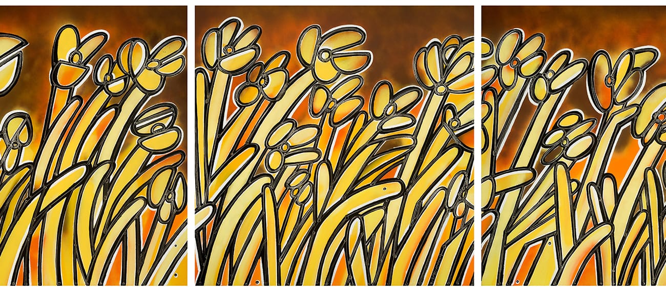 Yellow Flowers, Ode to Wordsworth_Triptych_America Martin_Oil, Acrylic, Pigment Spray on Canvas_72 x 192