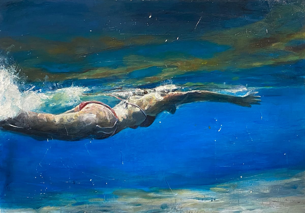 greg miller, swimmers, waterscape, collage, acrylic, multimedia