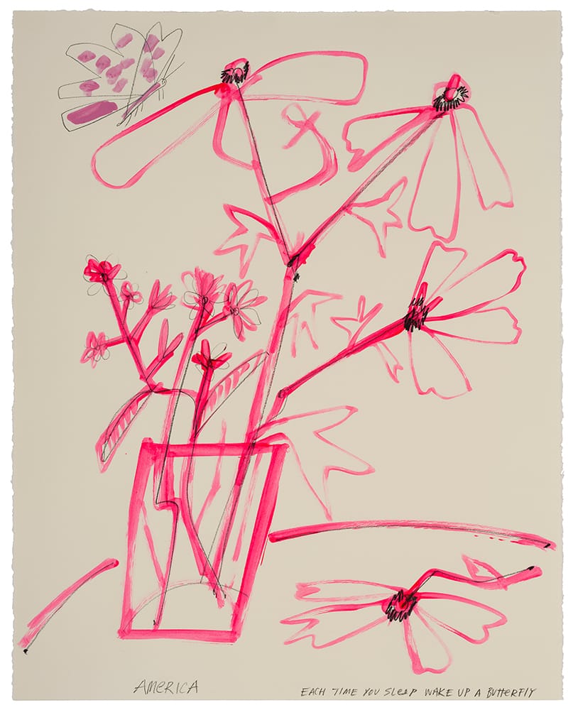 Butterfly and Pink Flowers_America Martin_Acrylic & Pencil on Paper_28 x 23