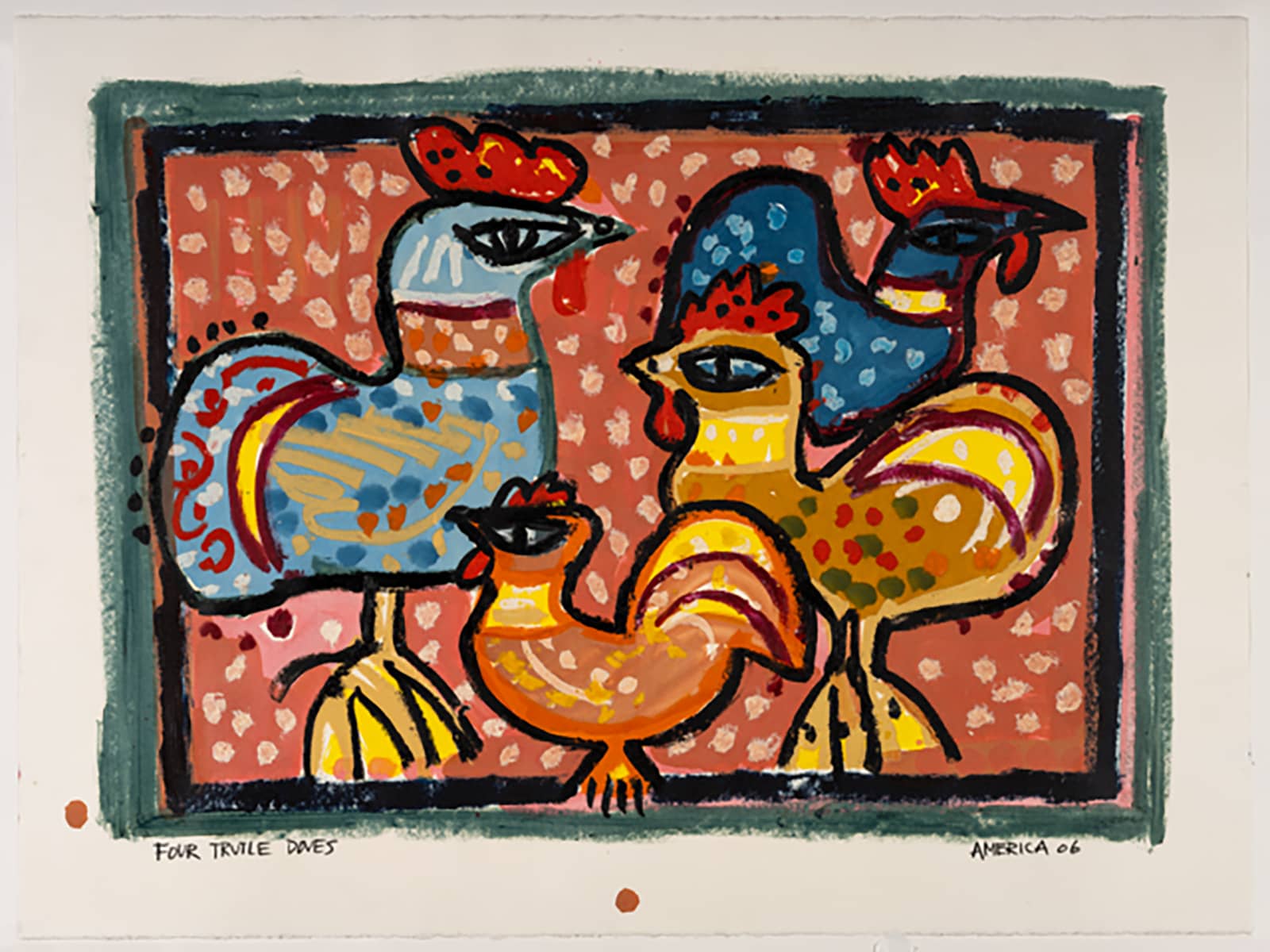 Four Turtle Doves_America Martin_Oil Pastel, Ink, Acrylic on Cotton Paper_22.5 x 30