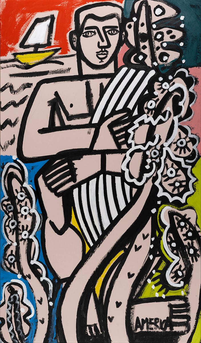 Man on the Island with White Linen Towel_America Martin_Acrylic on Pink Linen_87 x 51