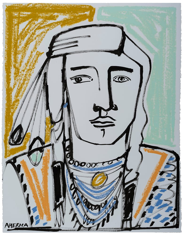 Man with Pale Blue Feathers & Turquoise_America Martin_Ink and Oil on Paper_30 x 23.25