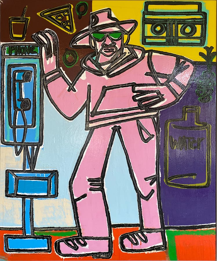 america martin, figurative, phone booth man, bright colors, gestural, portrait