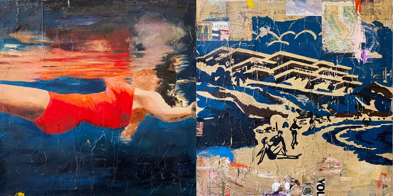 Secret Cove, Diptych_Greg Miller_Acrylic, Collage on Panel_36 x 72