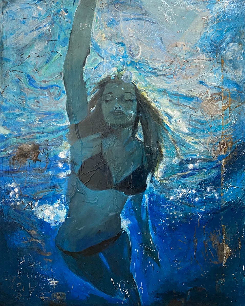 greg miller, swimmers, waterscape, collage, acrylic, multimedia