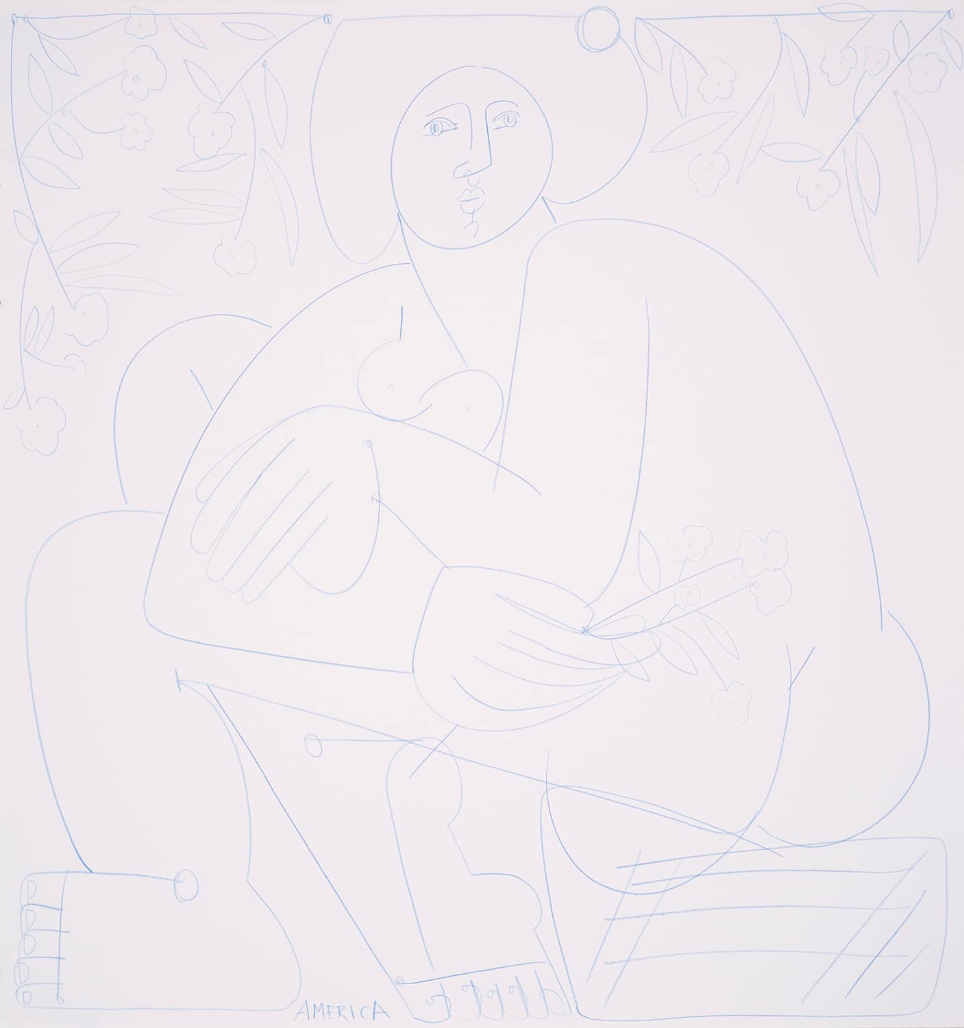 Woman Sits and Looks About_America Martin_Blue Chalk on Paper_23.5 x 22
