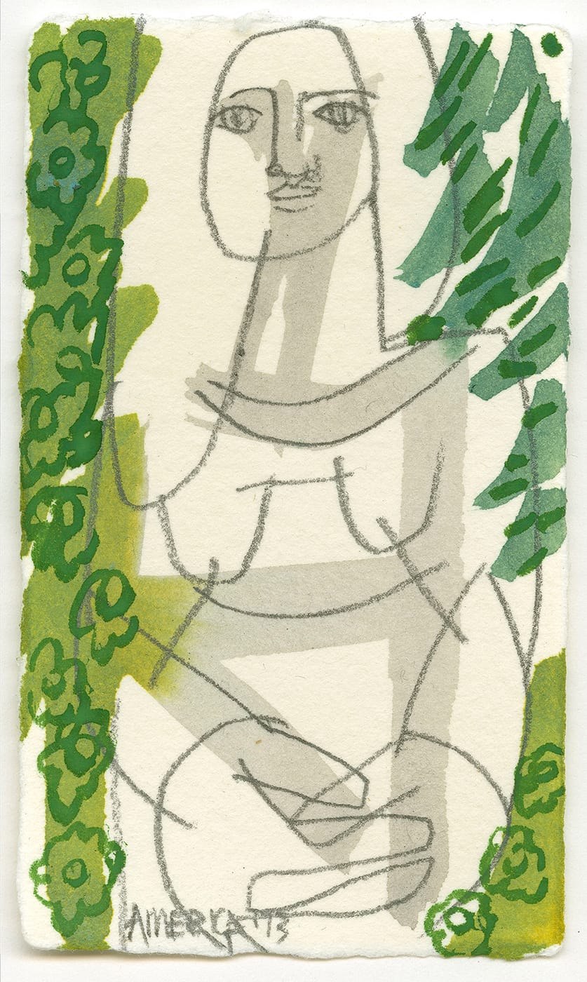 america martin, woman surrounded by green flowers, nude, figurative, floral