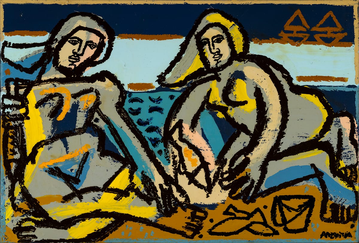 Women Cook Fish by the Sea_America Martin_Oil and Acrylic on Wood Panel_29.75 x 43.75