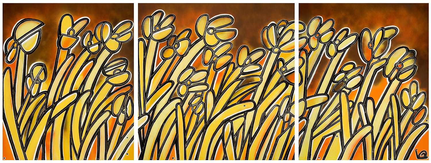 Yellow Flowers, Ode to Wordsworth_Triptych_America Martin_Oil, Acrylic, Pigment Spray on Canvas_72 x 192
