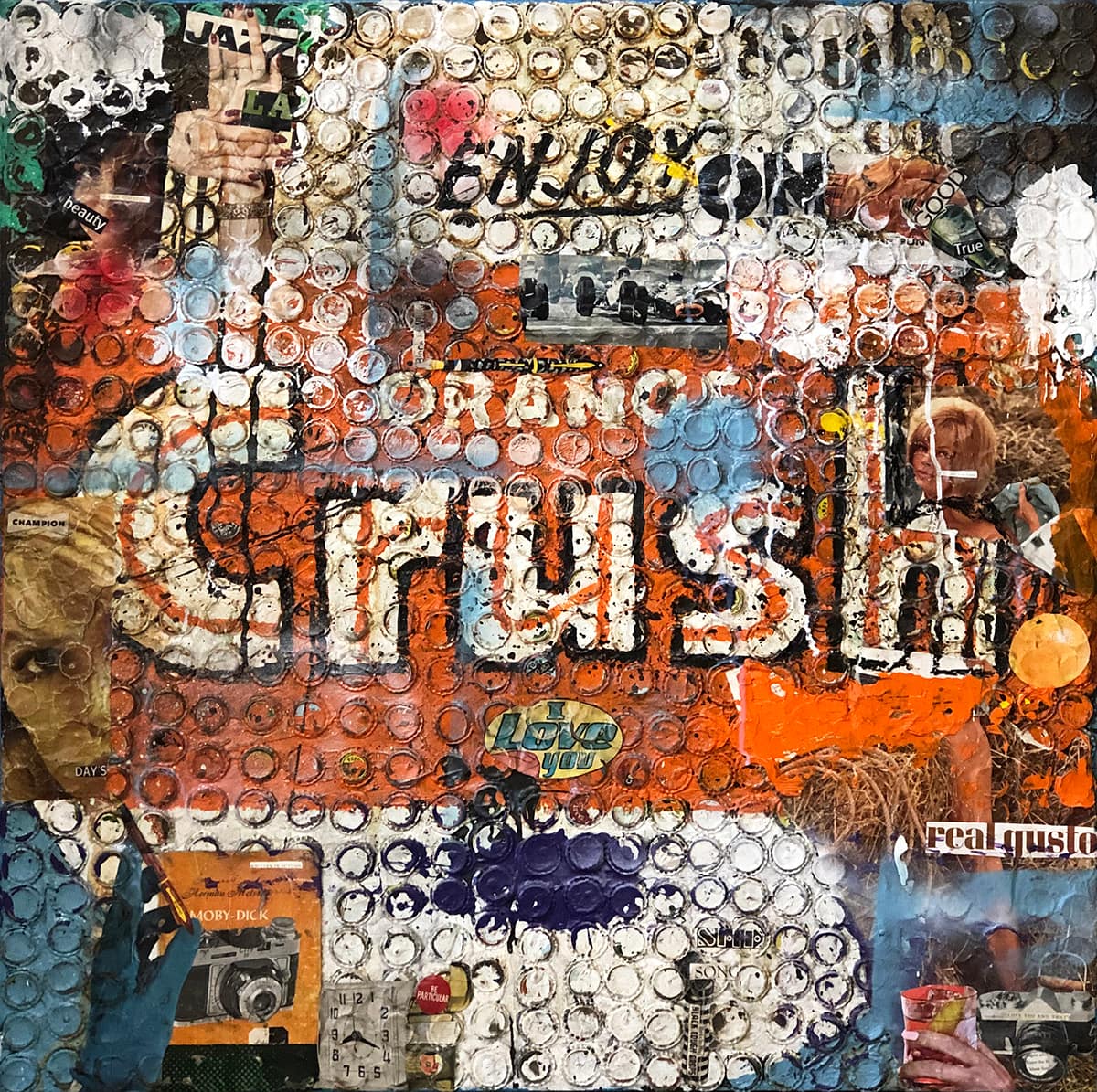 Orange_Crush_Greg_Miller_Acrylic_Paint_Collage_Bottle_Cap_on_Panel_36_x_36