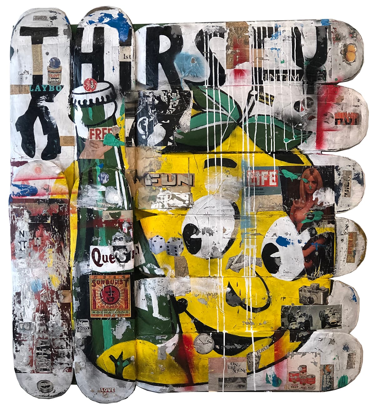 Thirsty_Greg_Miller_Acrylic_Paint_Spray_Paint_Collage_Paper_on_Skateboard_Planks_51_x_48