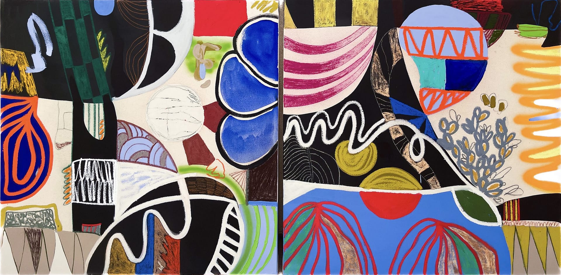 I Am Your Garden, Diptych_Thai Mainhard_Flashe, acrylic, oil sticks, pastels, latex, spray paint on canvas_36 x 72_hi res