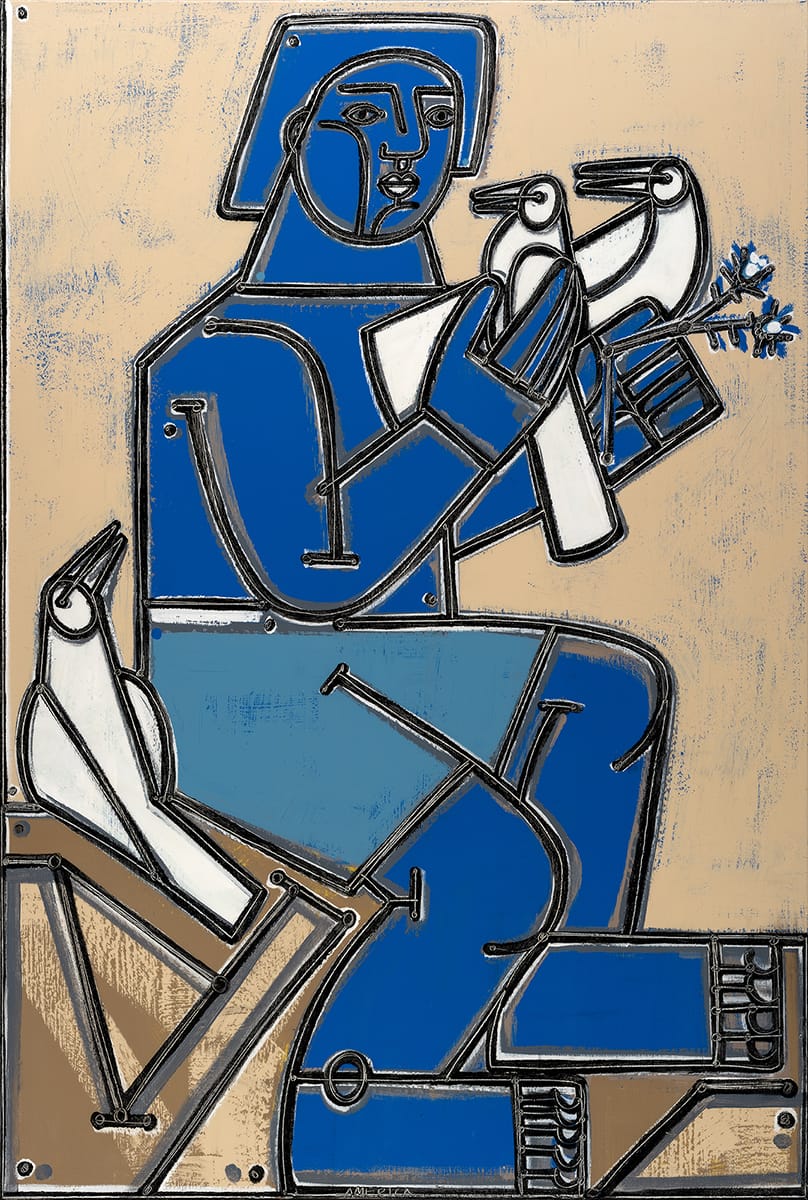 Boy with Doves in Blue_America Martin_Oil, Acrylic on Canvas_60 x 40