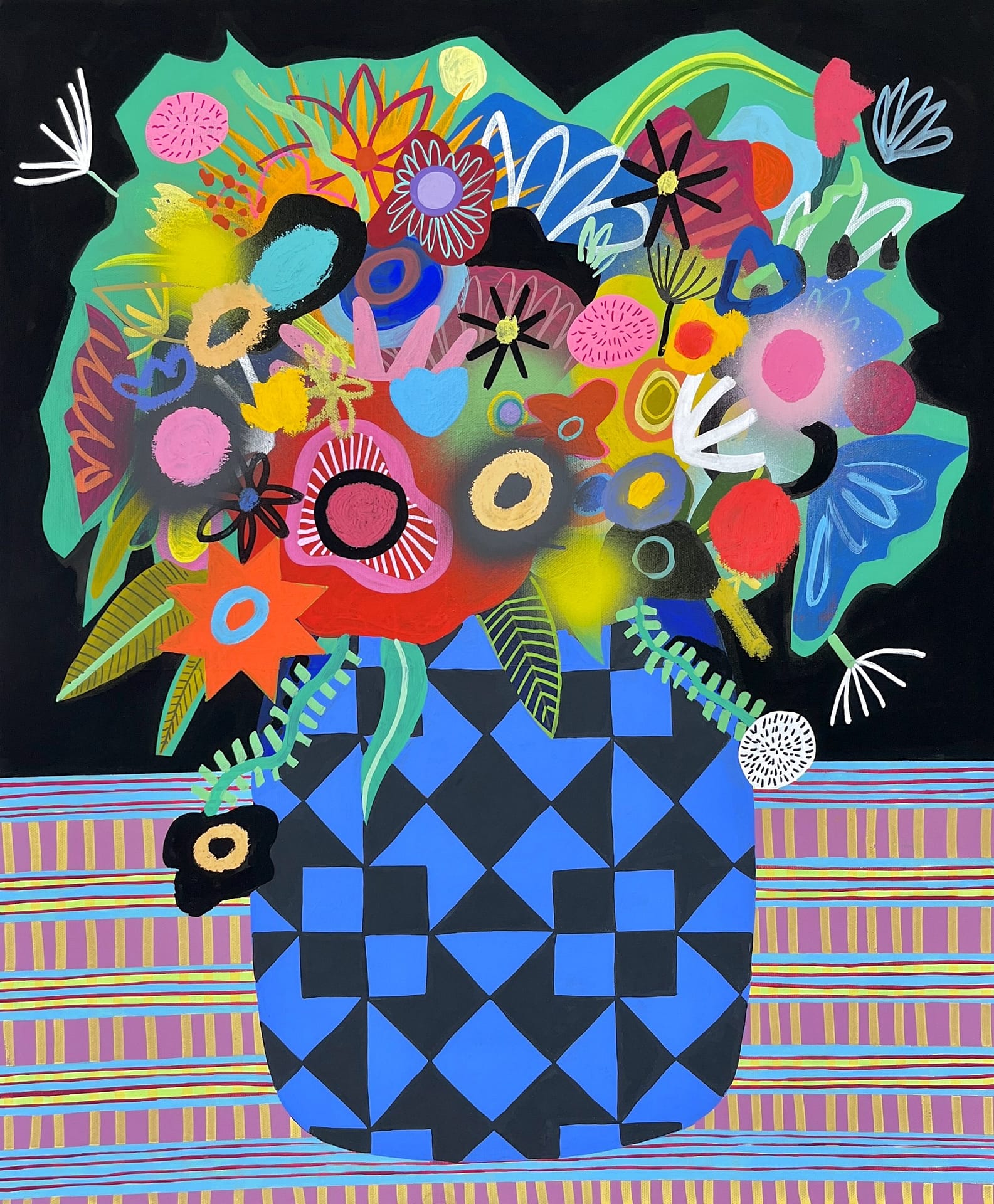Florals with Geometric Vase__Mary Finlayson_Gouache on Canvas with Maple Frame_24x20