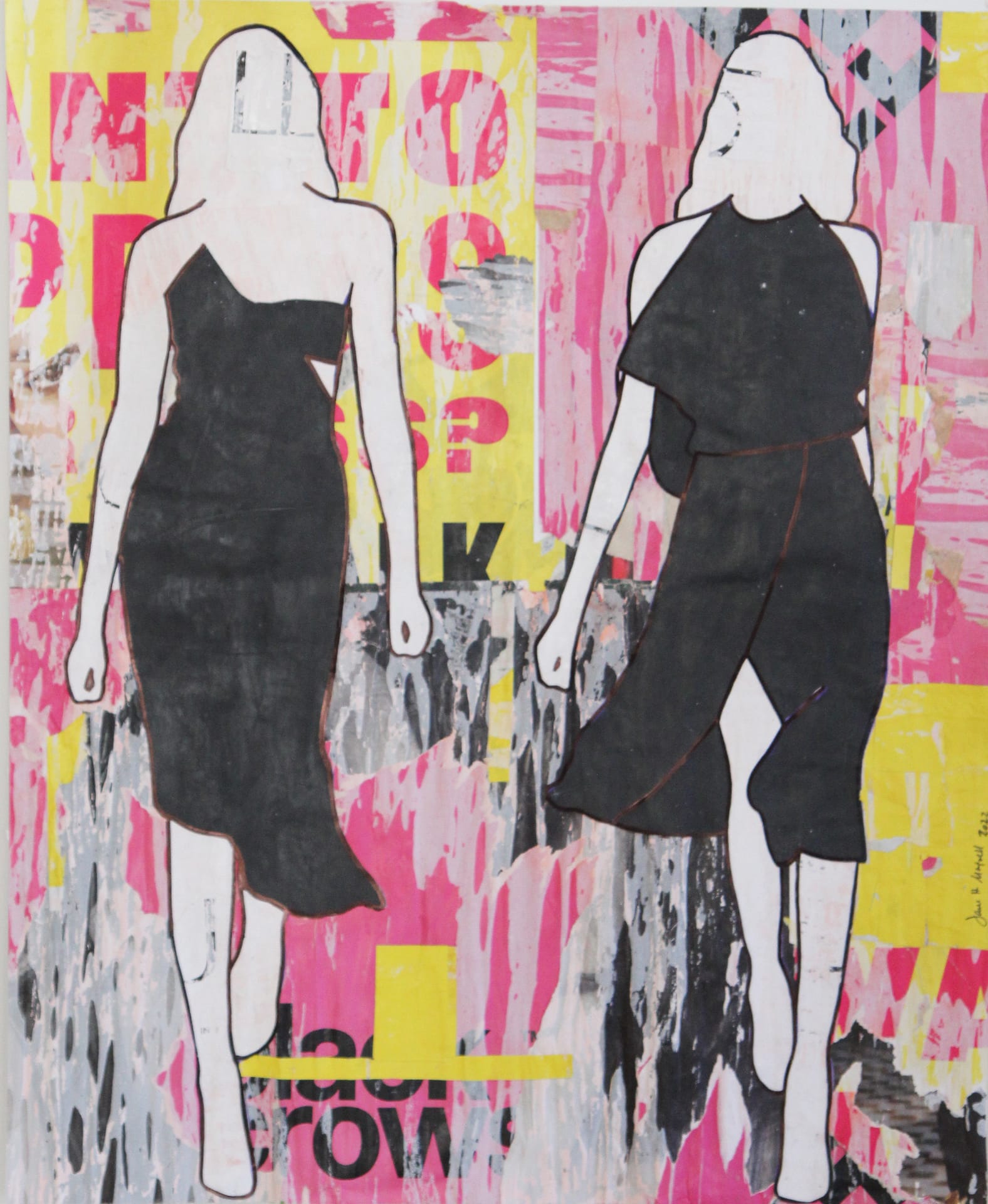 Pink and Yellow Walking Girls_Jane Maxwell_Mixed Media on Paper_36 x 31