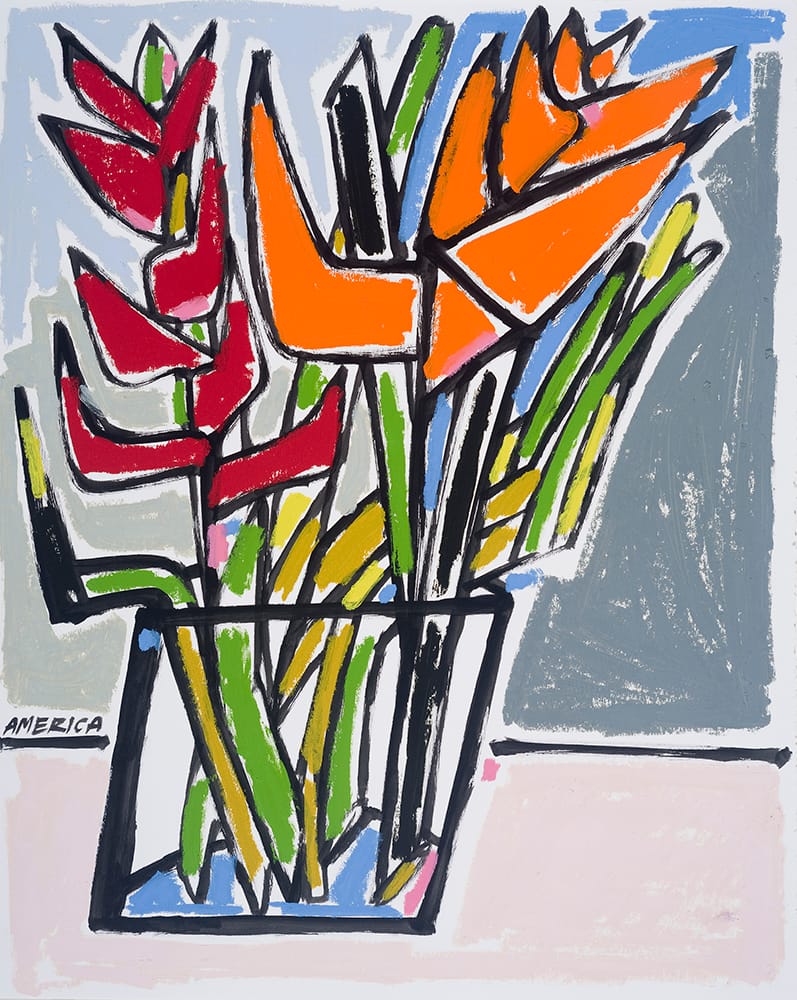 Rizona Flower in Orange and Red_America Martin_Ink and Oil on Cotton Paper_27 x 22