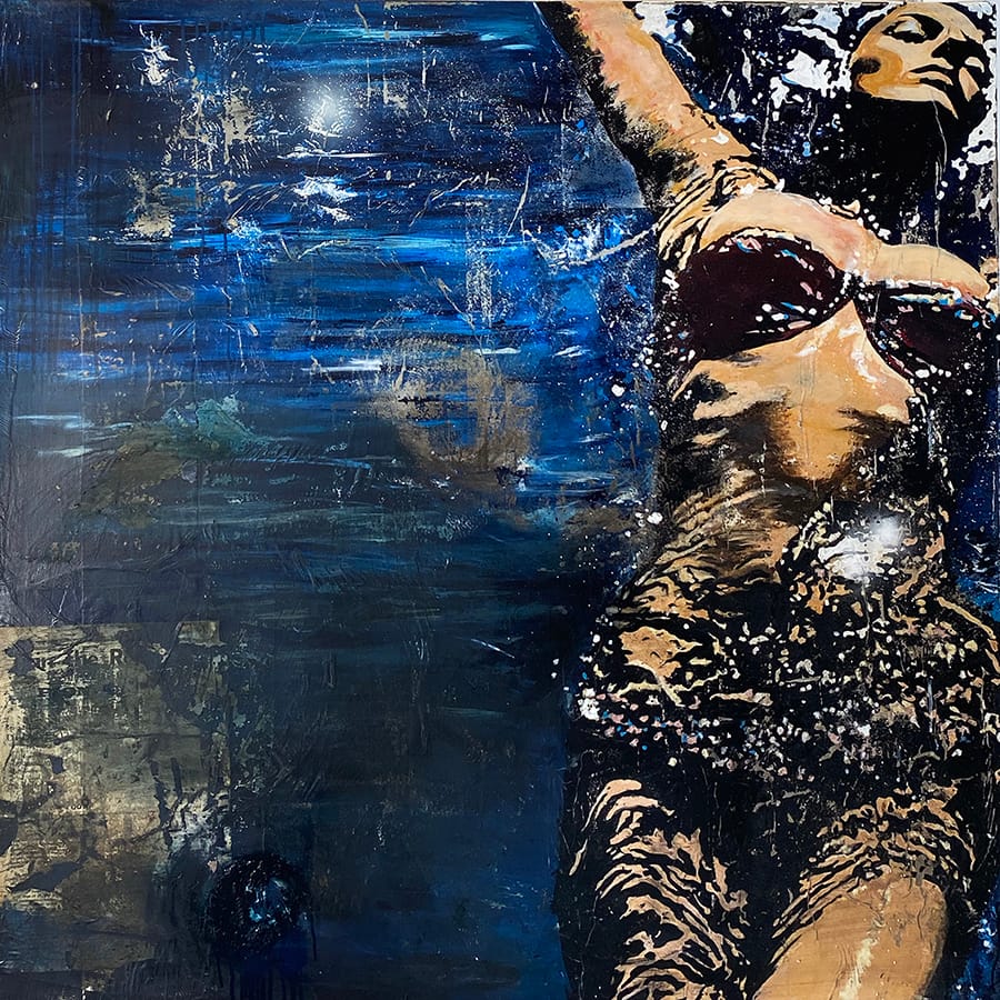 greg miller, swimmers, waterscape, collage, acrylic, multimedia