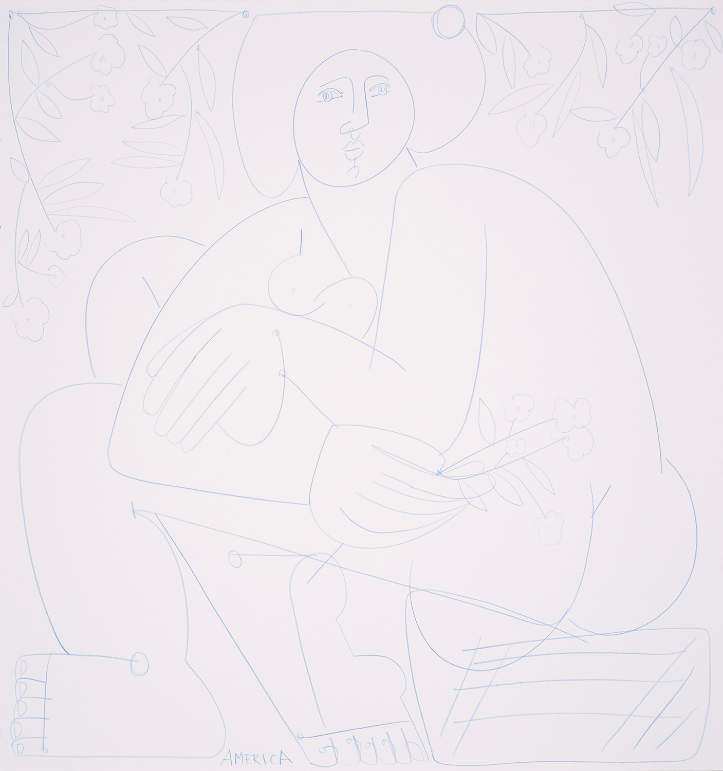 Woman Sits and Looks About_America Martin_Blue Chalk on Paper_23.5 x 22