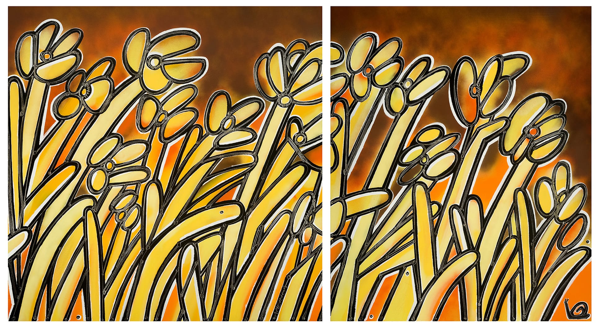 Yellow Flowers, Ode to Wordsworth_Diptych_America Martin_Oil, Acrylic, Pigment Spray on Canvas_73.5 x 135_hi res