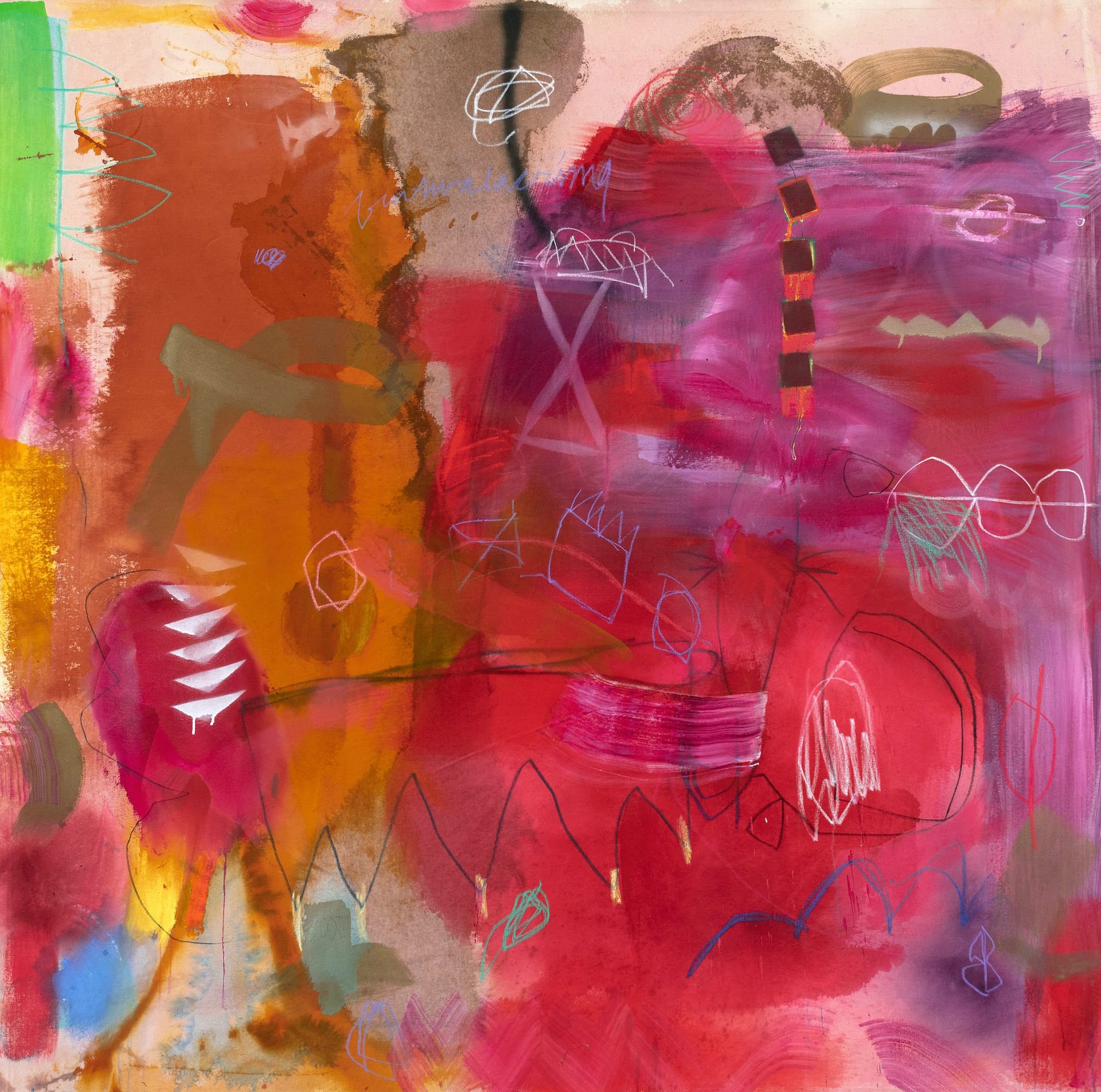 Mozambique_Jane Booth_Acrylic, House Paint, Spray Paint, Watercolor Crayons on Raw Canvas_65 x 65