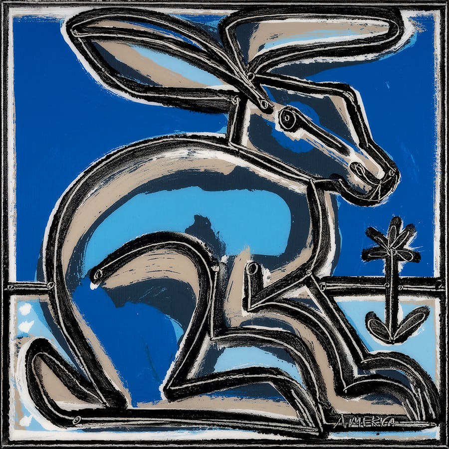 Blue Rabbit (Left)_America Martin_Oil and Acrylic on Canvas_14 x 14